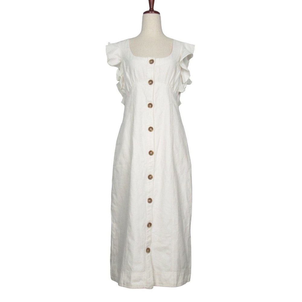 Anthropologie Pilcro Scoop-Neck Ruffle-Sleeve Buttondown Dress White - Size 2